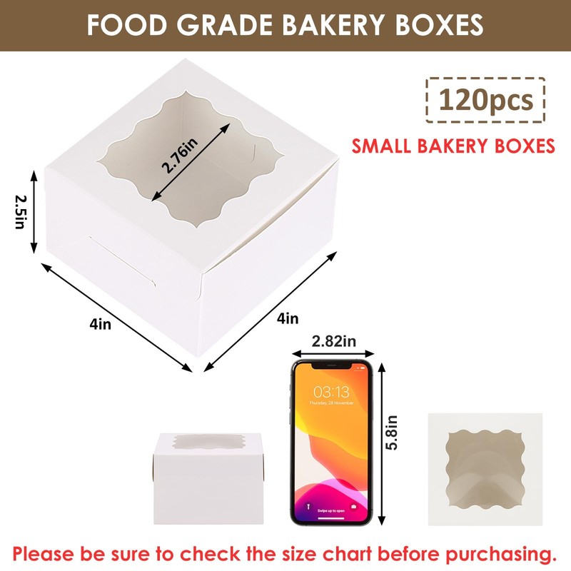Moretoes 120pcs White Bakery Boxes 4x4x2.5 Inch Cookie with Window for Small gallery