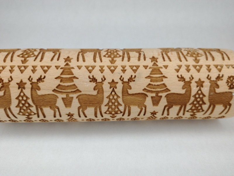 Wooden Embossing Rolling Pin Reinfeer Snowflakes Pine Trees Christmas Cookies gallery