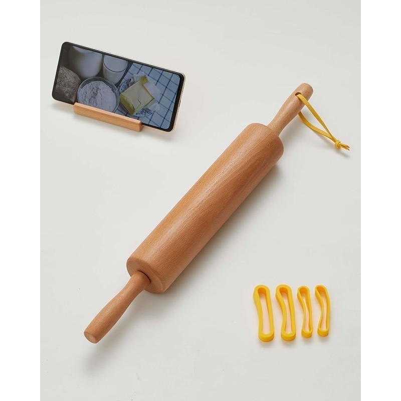 Large Beech Wood Rolling Pin W/ Adjustable Thickness Rings & Silicone Mat New gallery