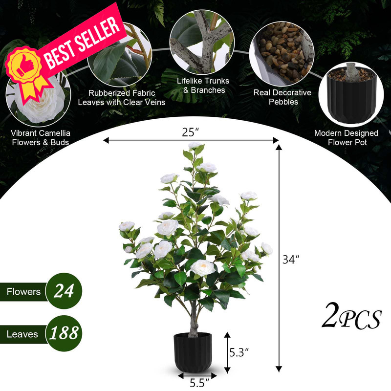 Hananona 2 Pcs Artificial Camellia Trees Faux Plant in Medium, White gallery