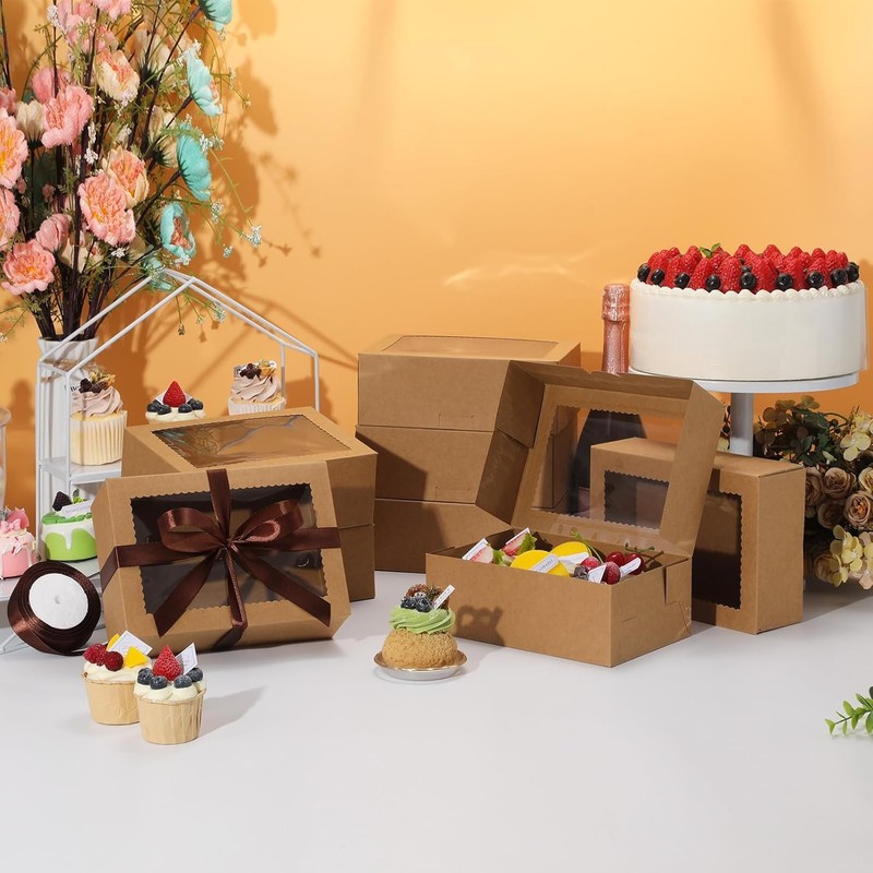 10Pcs Cookie Boxes with Ribbons, 9x6x3 Inch Bakery Boxes with Window, Brown gallery