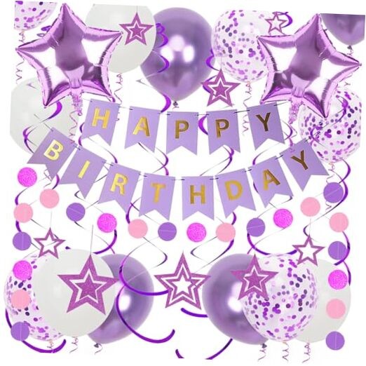 Purple Birthday Decorations, Happy Birthday Banner and Purple Purple and White