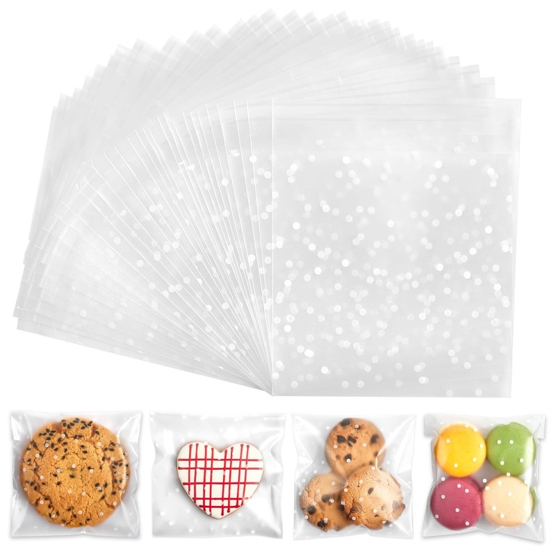 300 PCS White Polka Dot Cellophane Cookie Treat Bags 4×4 Inch Gift Packaging