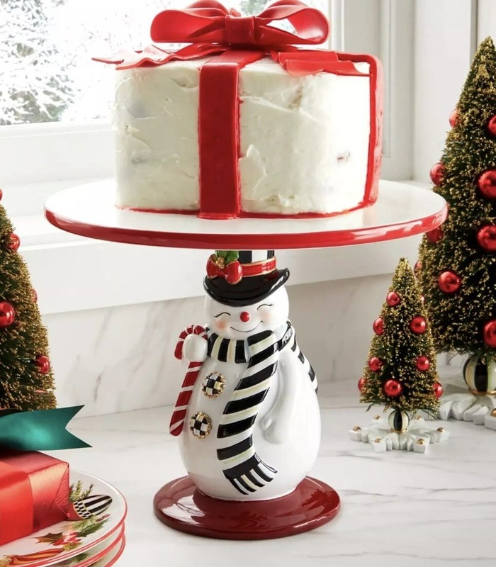 MACKENZIE CHILDS NOSTALGIA SNOWMAN PEDESTAL PLATTER – BNIB