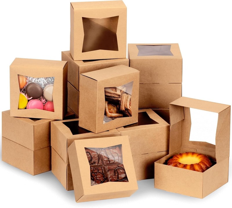Cookie Boxes with Window, 6x6x3in Brown Bakery Boxes for Treats, Small Cake, ... gallery