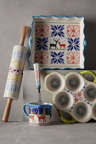 Anthropologie Rolling Pin POLAR GAZE Ceramic Winter Holiday Folk Snowflake NWT gallery