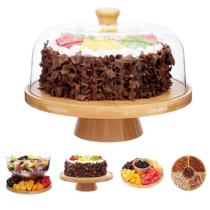 Bamboo Cake Stand with Lid, 6-in-1 Multifunctional Cake Plate, Cake Holder, S…