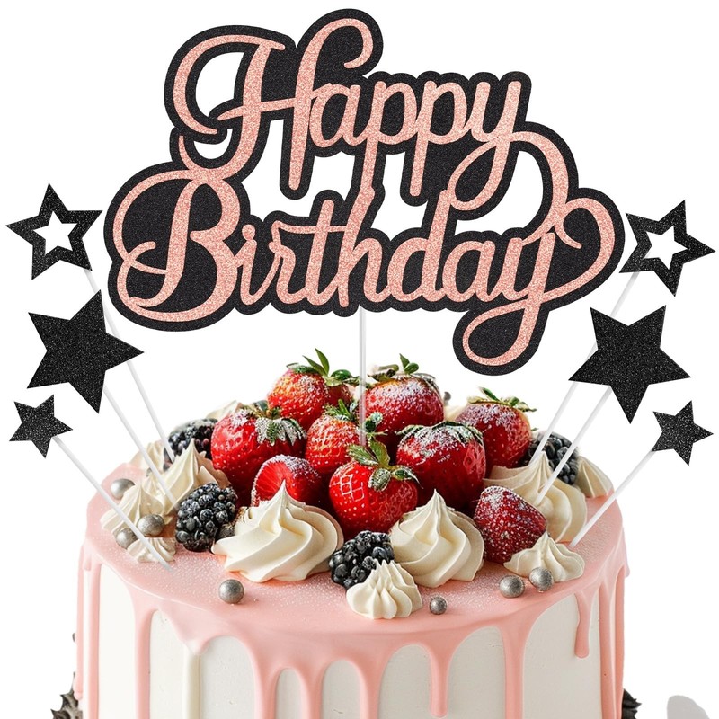 Happy Birthday Cake Toppers, Black Rose Gold, 19pcs, Cake Topper, Birthday, G…