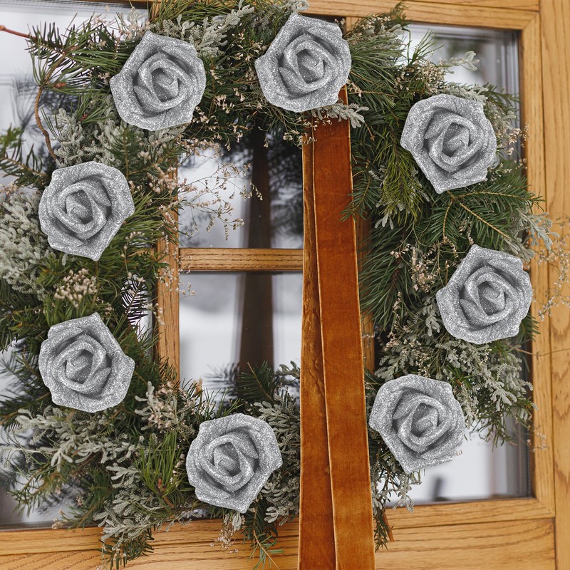 50Pcs Glitter Roses, Foam Artificial Flowers Roses Heads with Stem, White gallery