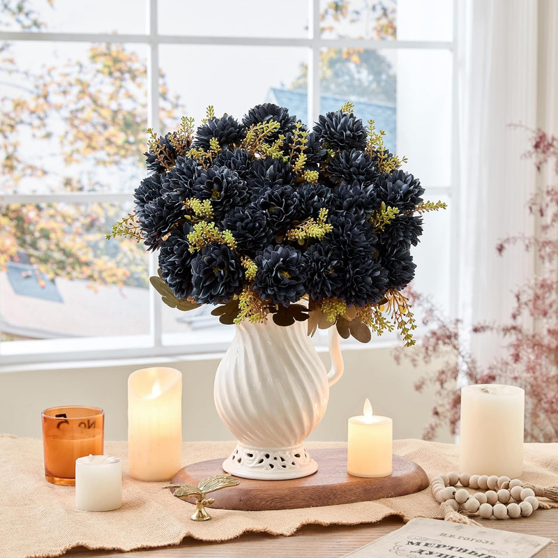 18 Heads Blue Black Artificial Chrysanthemum Flowers Fake Mums Blue Black Kiku G gallery