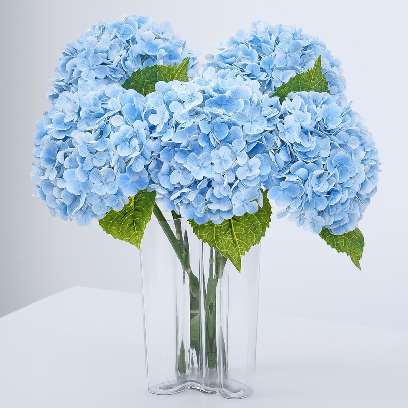 Waipfaru 21″ Real Touch Blue Hydrangea Artificial Flowers with Long Stem & Le…