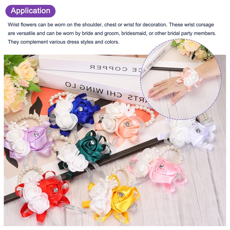 12Pcs Wrist Corsage Artificial Flower Bracelets Rose Decorative Gold Tone gallery