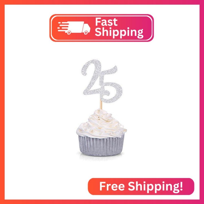 Giuffi 24 CT Silver Number 25 Cupcake Toppers 25th Birthday Anniversary Celebrat