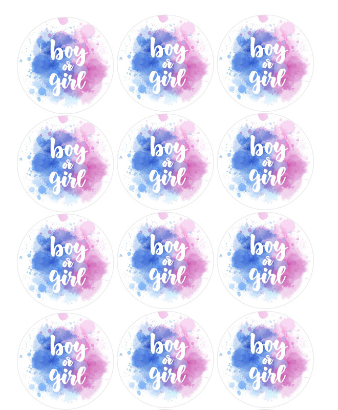 Set of 12 Gender Reveal Edible Image rounds, Wafer paper OR one cake image