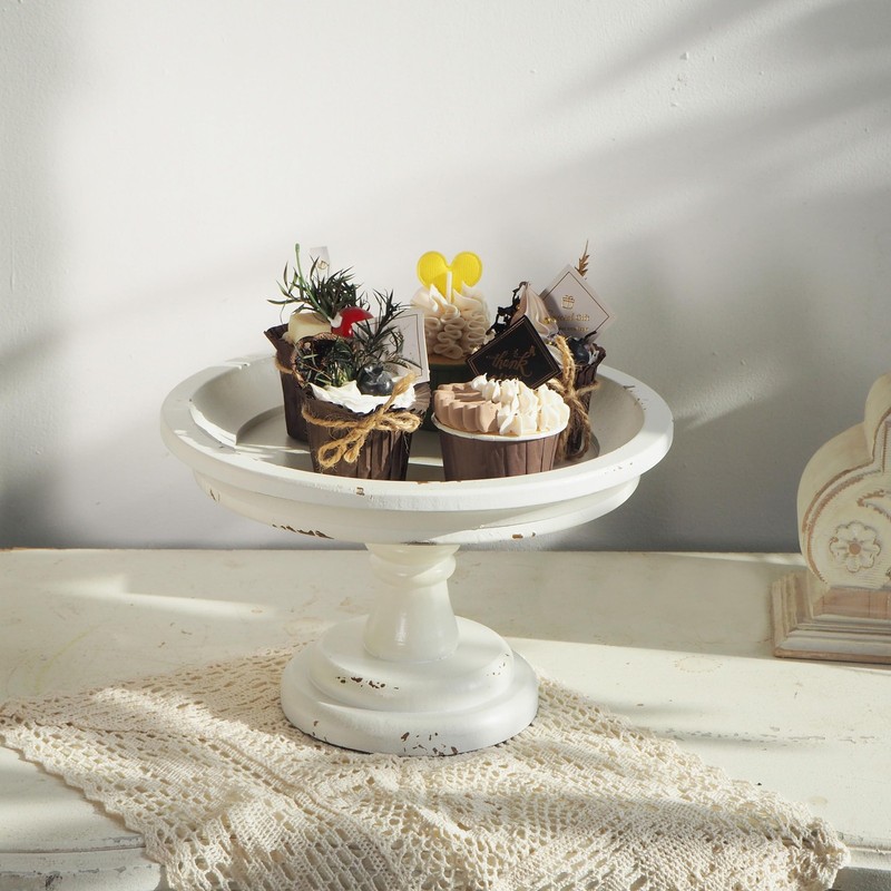 Rustic White Wood Pedestal Tray Stand for Table Decoration,Round Distressed Fini gallery