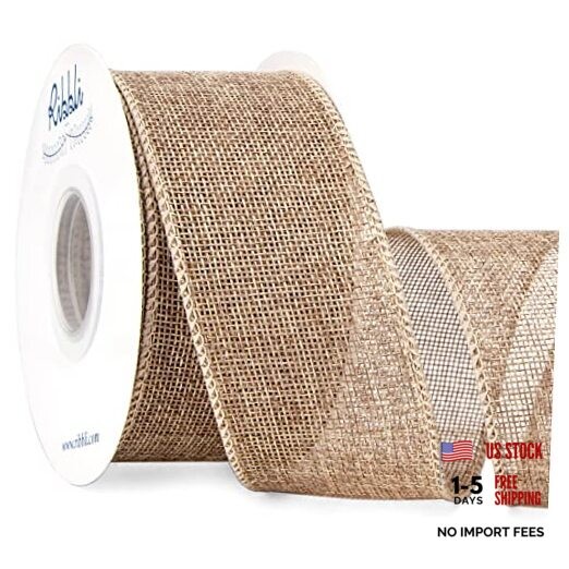 Burlap Wired Ribbon,x Continuous 10 Yard, Wired Edge Ribbon for 2 Inch Natural