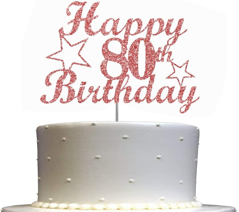 80 Birthday Rose Gold Glitter Cake Topper, 80th Party Decorations Ideas
