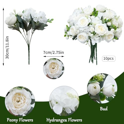 10 Bundles Artificial Peonies Hydrangea Artificial Flowers Silk Milky White gallery