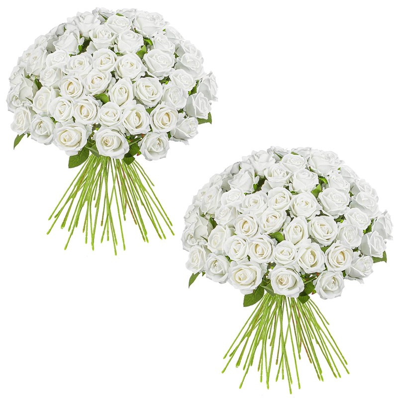 Uqueeten Artificial Flowers Roses White 100PCS 19.6″ Bouquet