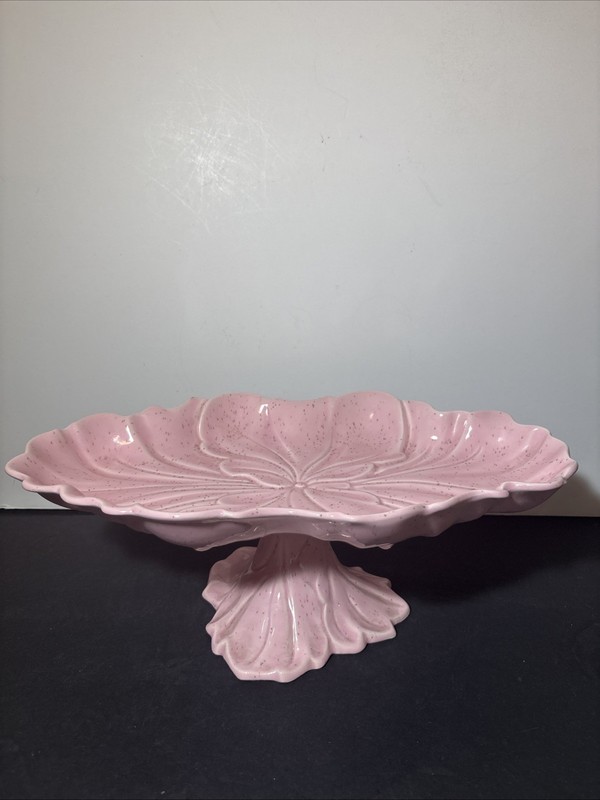 VTG Mid-century Ceramic Speckled Pink Lotus CabbageLeaf Cake Stand 14”x 8”x5.5”