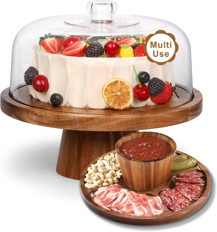 Bellsal Wooden Cake Stand with Lid, Acacia Cake Stand with Plastic Dome, 12-Inch