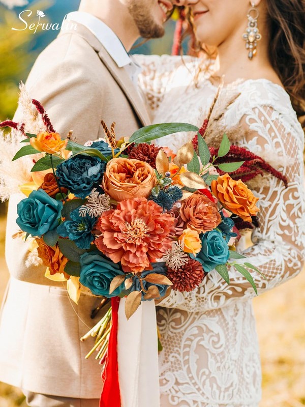 Serwalin Artificial Flowers Teal Burnt Orange Silk Floral Centerpieces Fake gallery