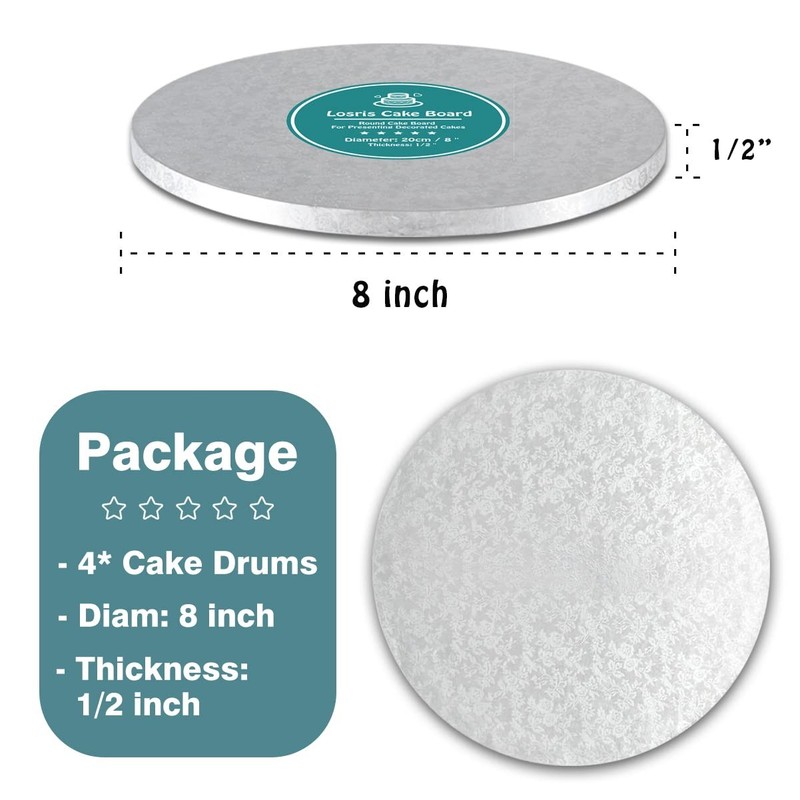 Silver Round 8 Inch Cake Drum Boards 1/2 Inch Thick Smooth Edges Multi Tiered gallery