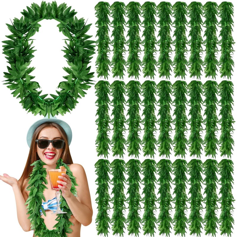 Yuxung 50 Pcs Tropical Green Leis Fern Leaf Necklace Green Fake Hawaiian Leis