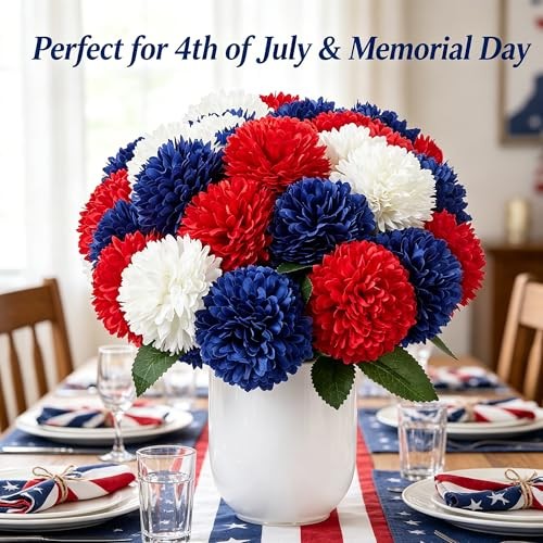 12 Pcs Artificial Chrysanthemums Flowers Patriotic 12 Pieces Red/Blue/White gallery