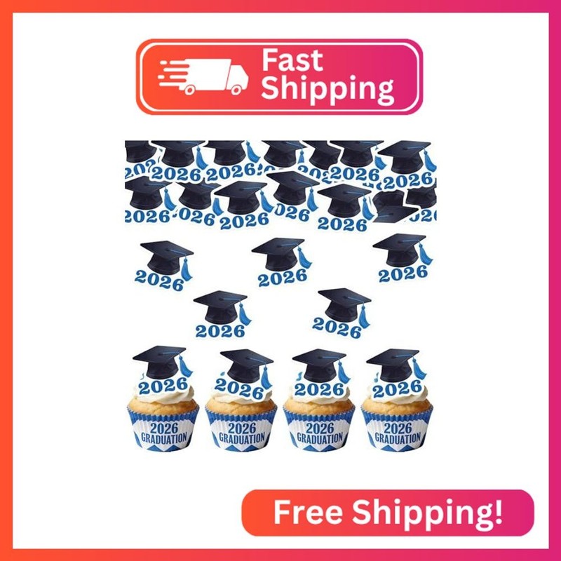 Fyeoxle 42pcs Edible Graduation Cap Cupcake Toppers Wafer Paper Blue Class of 20