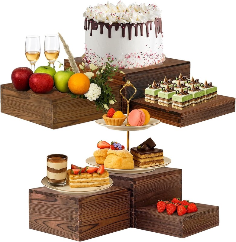 6-Pack Wood Risers Display Stands Multi-Height Food Risers Buffet Table Rustic