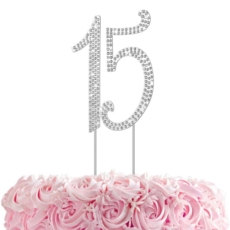 ABOOFAN Sweet 15 Cake Topper Happy 15th Birthday Medium, Silver