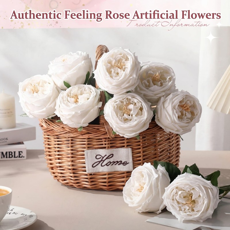 Daifunli 10Pcs Real Lifelike Peonies Artificial Flowers Faux Austin Rose Long gallery