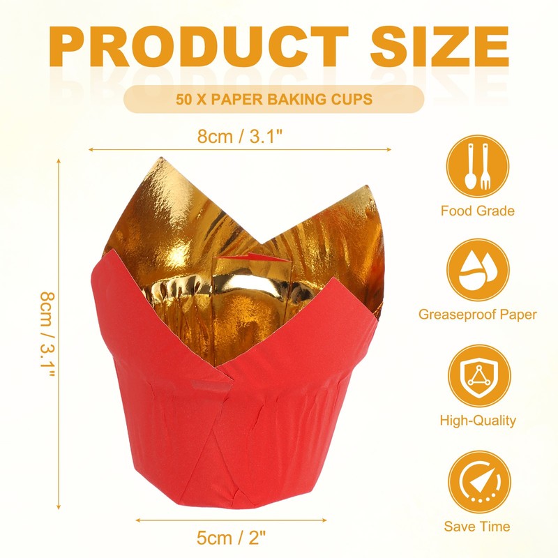 50Pcs Tulip Baking Cups for Aluminum Foil Liners Gold/Red gallery