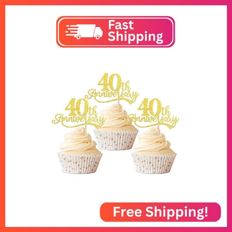 Rsstarxi 24 Pack Cupcake Toppers Glitter Cheers to 40 Years Wedding Cupcake Pick