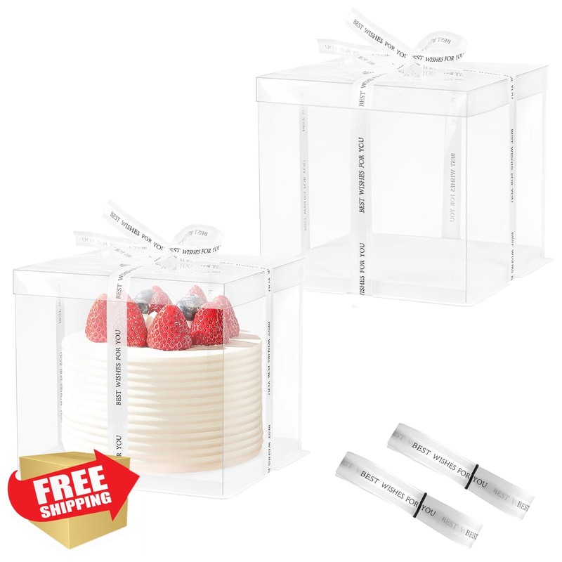 Clear Cake Box with Ribbon, 10x10x9 Inch, Holds 8″ 2-Tier Cake