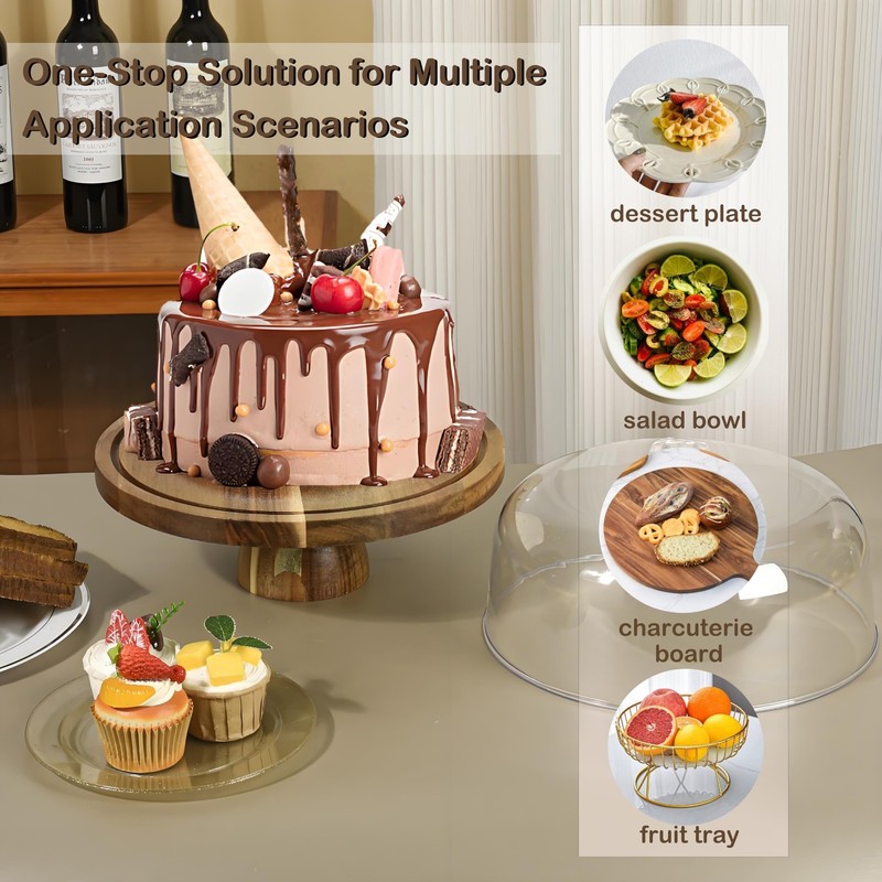 Acacia Wood Cake Stand with Lid, 2-In-1 Cake Plate with Acrylic Lid, 12in Rou... gallery