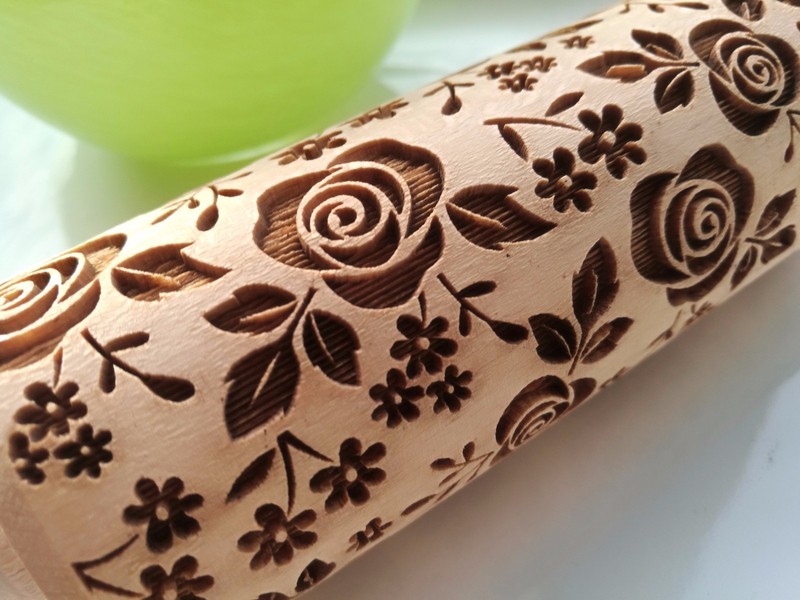 Mini Rolling Pin Engraved Rolling pin Embossed dough roller Roses pattern Cutter gallery
