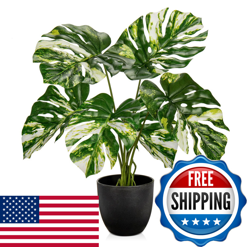 Briful Fake Plants Variegated Monstera Leaves Faux Plant Indoor In Black Pot