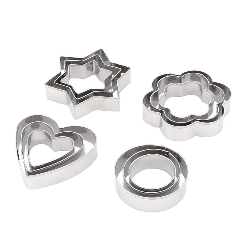 Metal Star Heart Round Shaped Pastry DIY Cookie Baking Mold Silver Tone 12 in 1