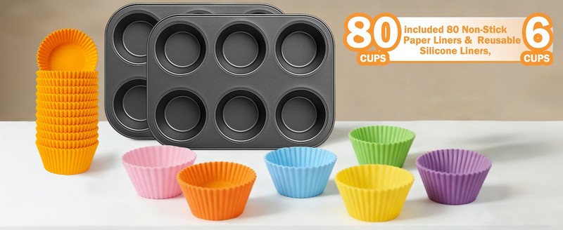 2 Packs Jumbo Muffin Pan, Premium Carbon Steel 6-Cup Cupcake Pan, with 80Pcs gallery