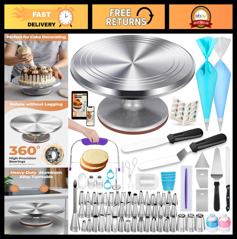 253 Pcs Cake Decorating Set – 12″ Turntable, Icing Tips, Piping Nozzles, Spatula