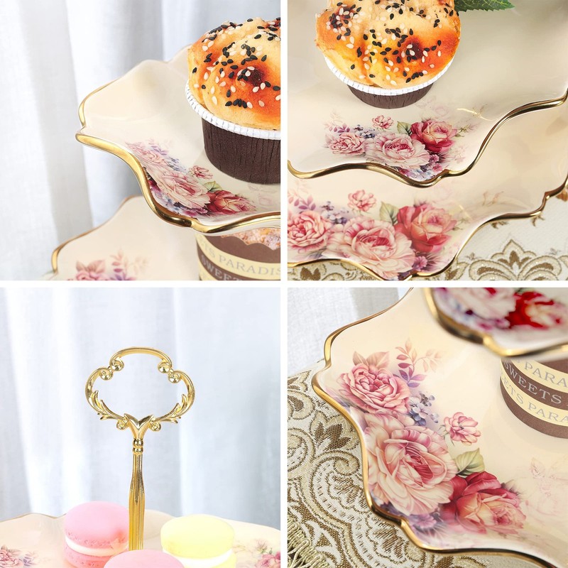 3-Tier Floral Royal Cupcake Stand, Vintage Fruit Plate with Gold Trim, Desser... gallery