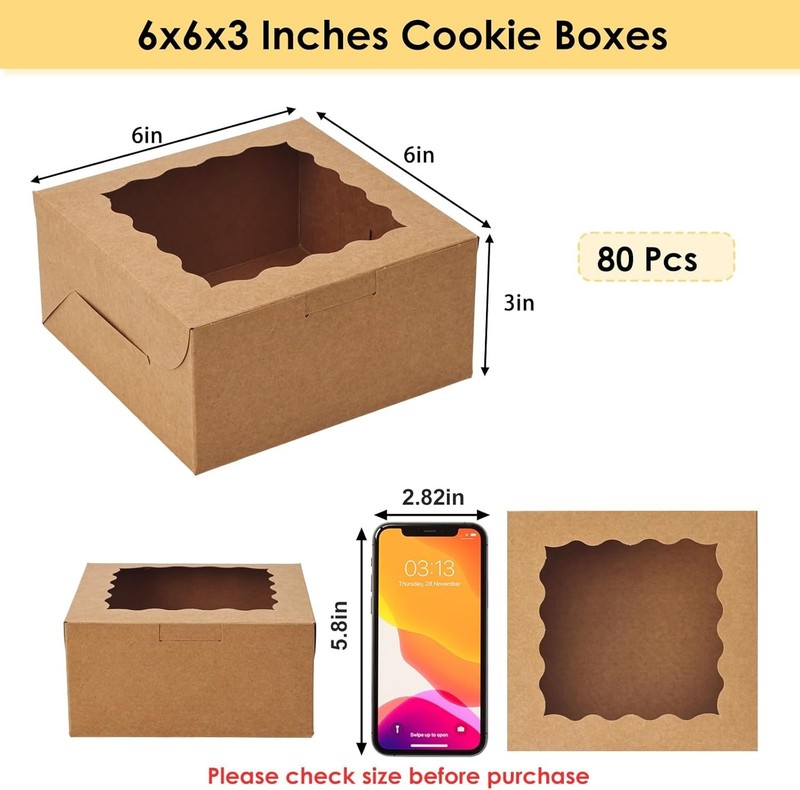 Brown Bakery Boxes with Window, 6x6x3 Inches Small Cookie Boxes for Treats, P... gallery