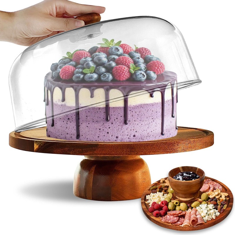 Wood-Cake-Stand With Acrylic Dome Lid, Round Wooden Cake Holder Plate With Co…