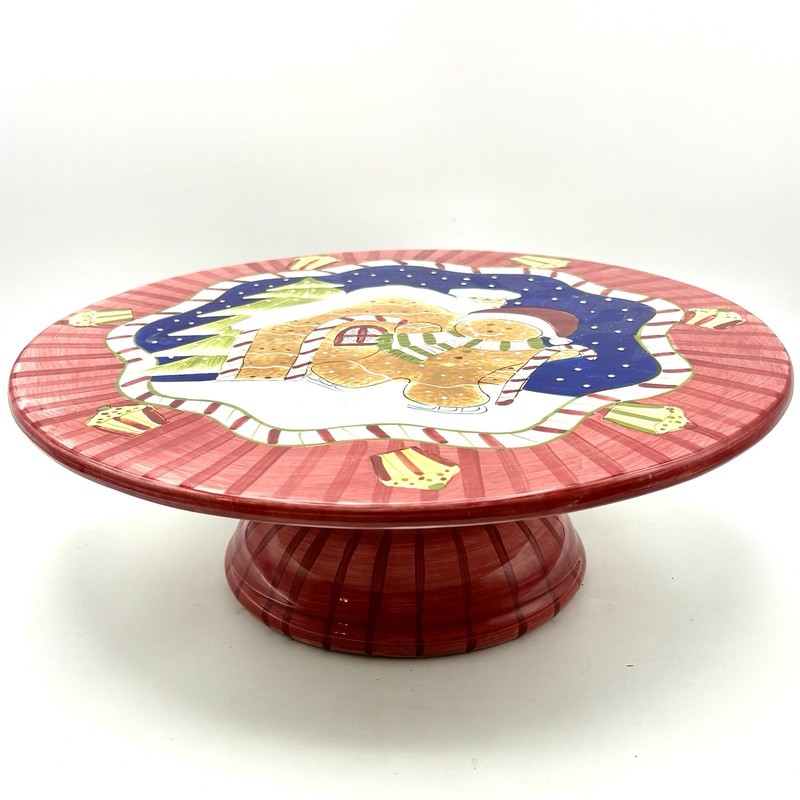 Laurie Gates Christmas Pedestal Cake Stand Gingerbread House & Man Red gallery