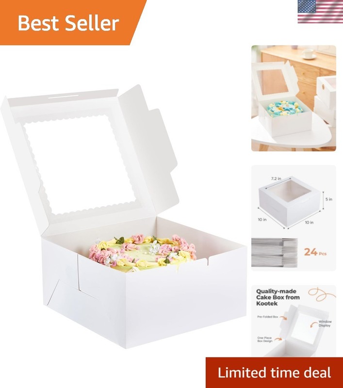 Sturdy White Cake Boxes 10x10x5 Inches – Includes 72 Custom Stickers – 24 Pack
