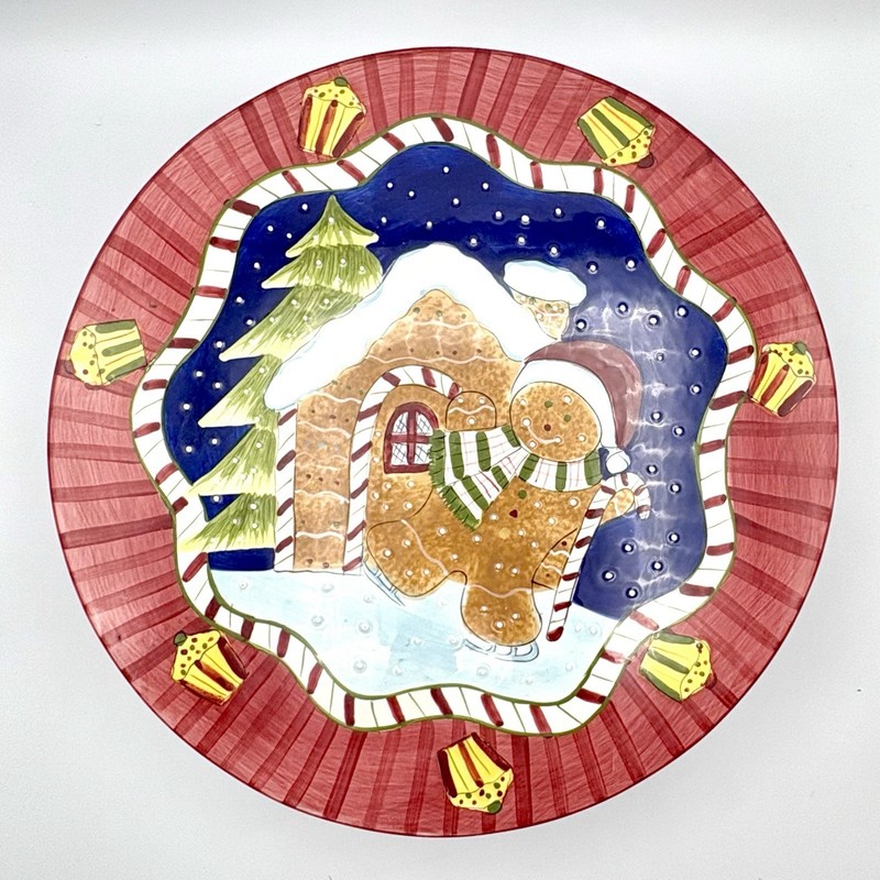 Laurie Gates Christmas Pedestal Cake Stand Gingerbread House & Man Red gallery