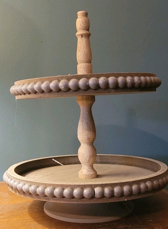 Farmhouse Chic Beaded Two-Tiered Display Stand – Perfect for Kitchen or Coffee B