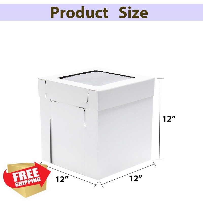 JJO Tall Cake Boxes w/ Window, 12x12x12 Inch, 3 Pack White gallery